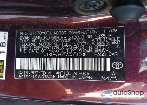 2010 Scion Tc z USA, uszkodzony, nr VIN JTKDE3B71A0311008